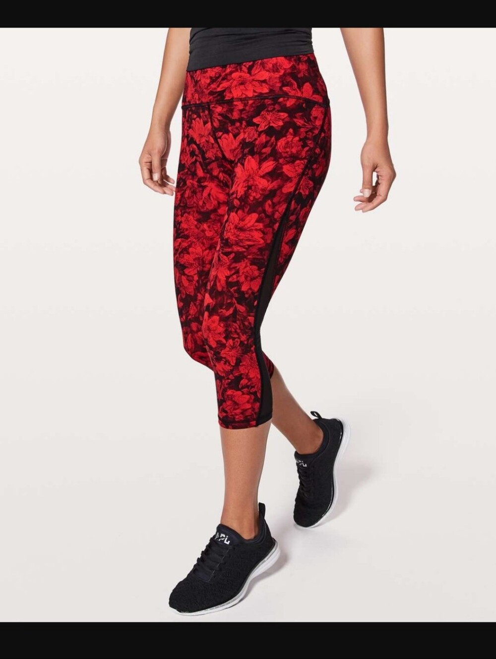 Lululemon Red and Black Floral Cropped Leggings with Sheer Mesh Detail. Size 8.